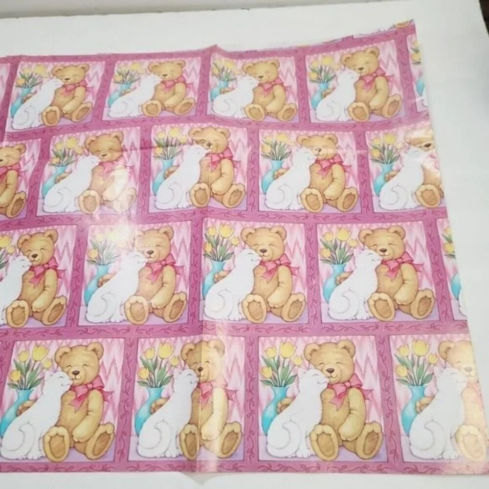 Vintage 90s AGC Kawaii Pink Cute Cuddly Teddy Bear Cat Gift Wrap